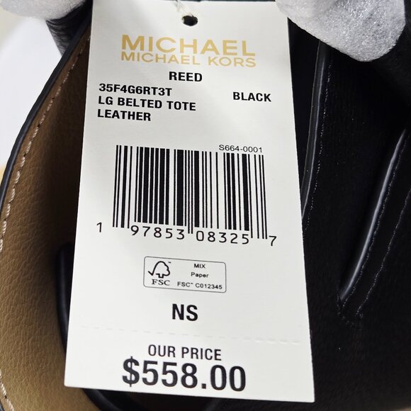NWT Authentic Michael Kors Reed Large Pebbled Black Leather Belted Tote Bag $558 - Picture 12 of 13